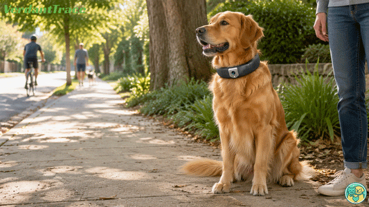 Relaxed young puppy calmly observing people a bicycle and another dog from a safe distance
