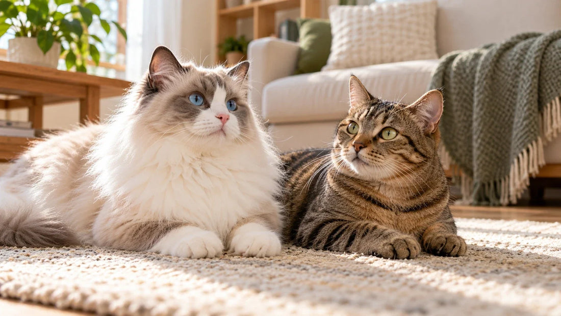 Ragdoll-type cat and domestic tabby cat relaxing together in a bright home