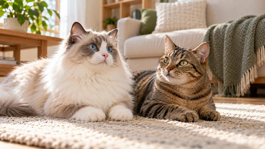 Ragdoll-type cat and domestic tabby cat relaxing together in a bright home