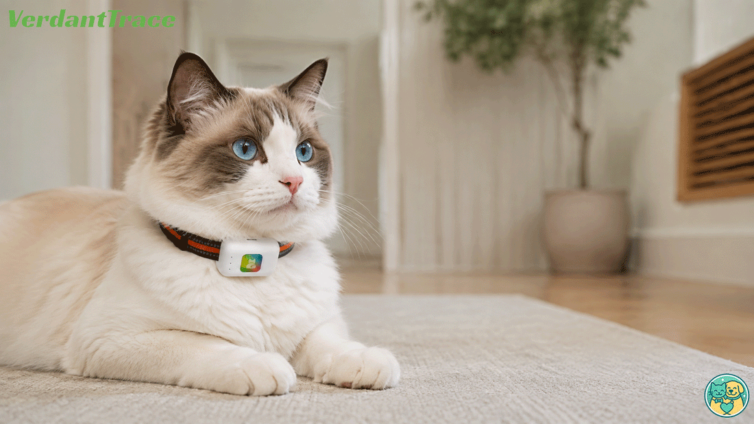 Adult blue-eyed Ragdoll wearing a real VTG2 tracker while resting in a bright secure modern home