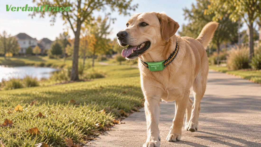 Dog wearing a VerdantTrace VT01 GPS tracker on a neighborhood walking trail
