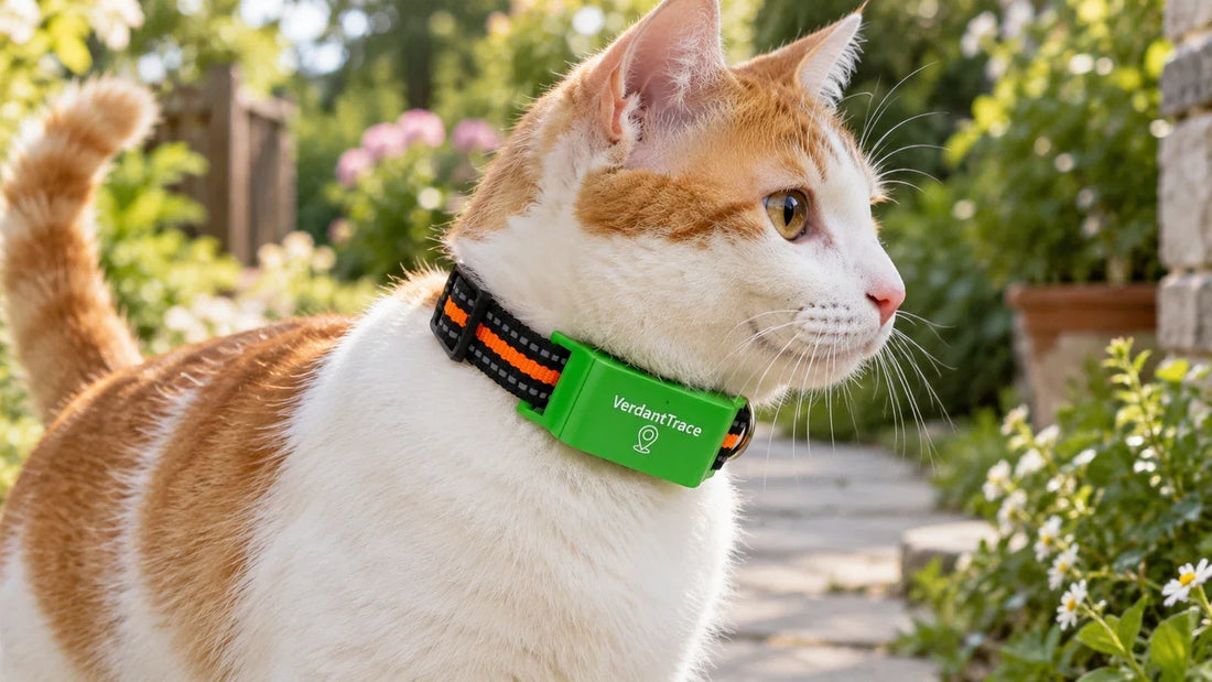 Adult cat wearing a green VerdantTrace VT01 GPS tracker while standing beside a sunny garden gate.