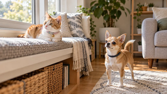 A ginger-and-white cat resting beside a window while a Chihuahua stands in a sunlit living room.