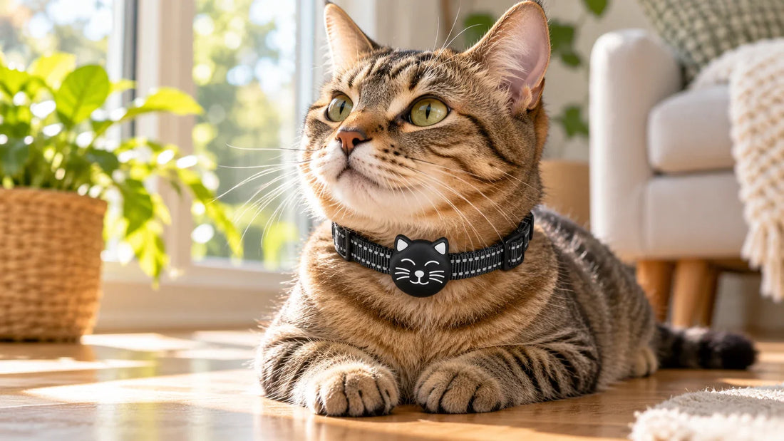 Tabby cat wearing a VerdantTrace VT22 Apple Find My-compatible collar in a sunny home