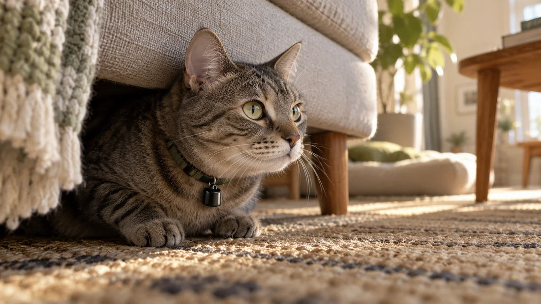 Indoor tabby cat hiding near a sofa while wearing a small black Bluetooth pet finder.