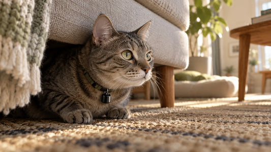 Indoor tabby cat hiding near a sofa while wearing a small black Bluetooth pet finder.