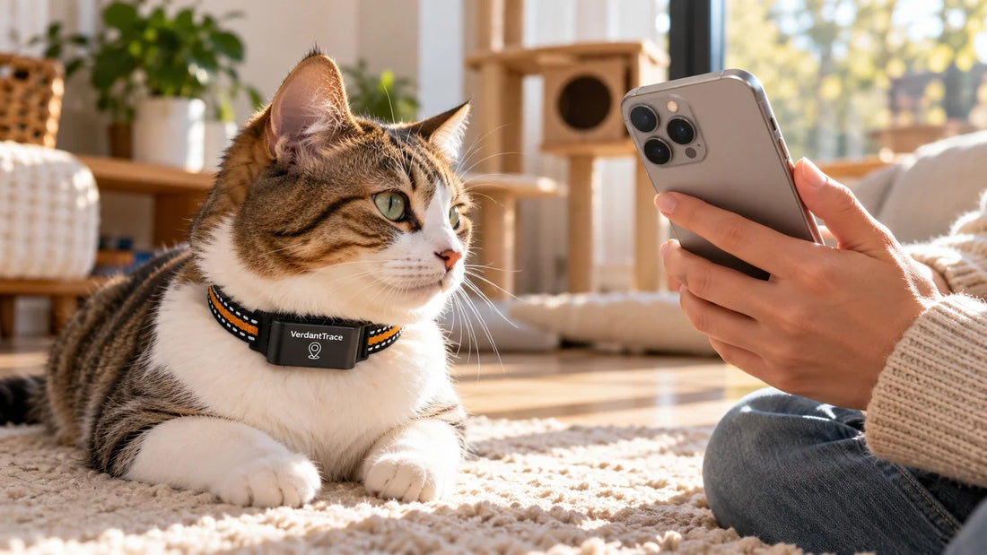 Cat wearing a black VerdantTrace GPS tracker while its owner checks a smartphone