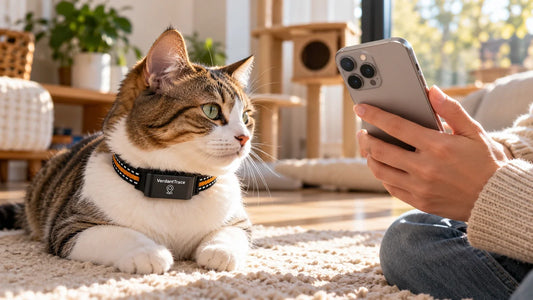 Cat wearing a black VerdantTrace GPS tracker while its owner checks a smartphone