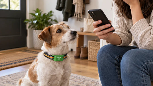 Pet owner checking a smartphone beside a small dog wearing a green GPS tracker at home.