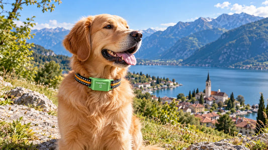 Golden retriever wearing a green VerdantTrace VT01 GPS collar in a European mountain lakeside landscape