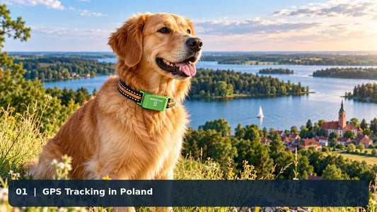 Golden retriever wearing a green VerdantTrace VT01 GPS tracker overlooking a Polish lake district landscape