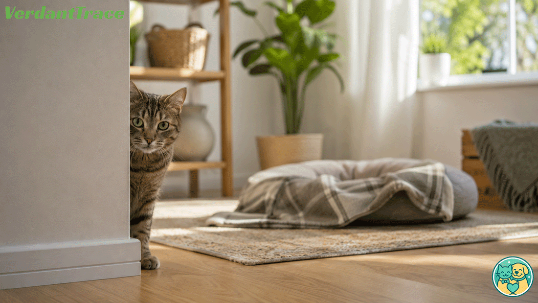 New cat hiding in a safe corner after arriving at a new home
