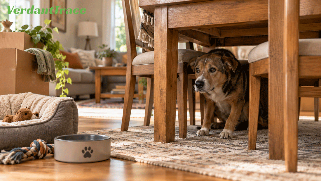 New dog hiding under a table while adjusting to a new home