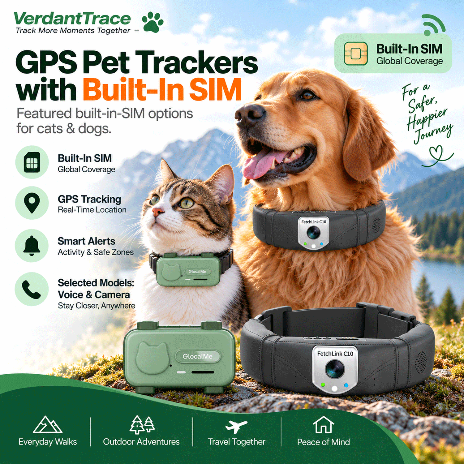 Golden dog wearing a green GlocalMe PetPhone and a black-and-white cat wearing the pink model together in a sunlit living room
