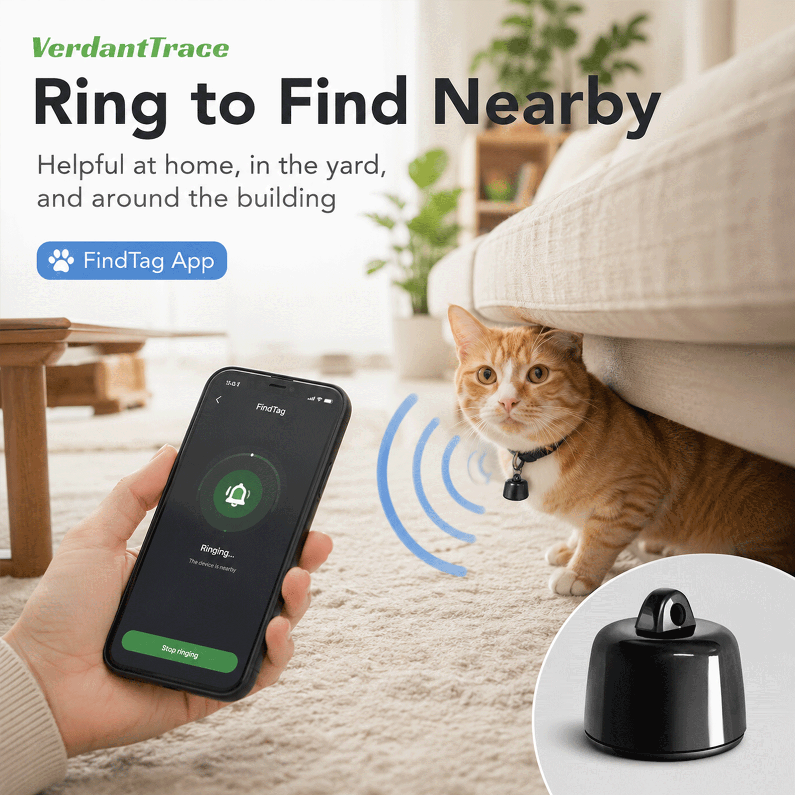 Cat wearing the VT23 Bluetooth pet finder while an owner uses the FindTag app to ring it nearby