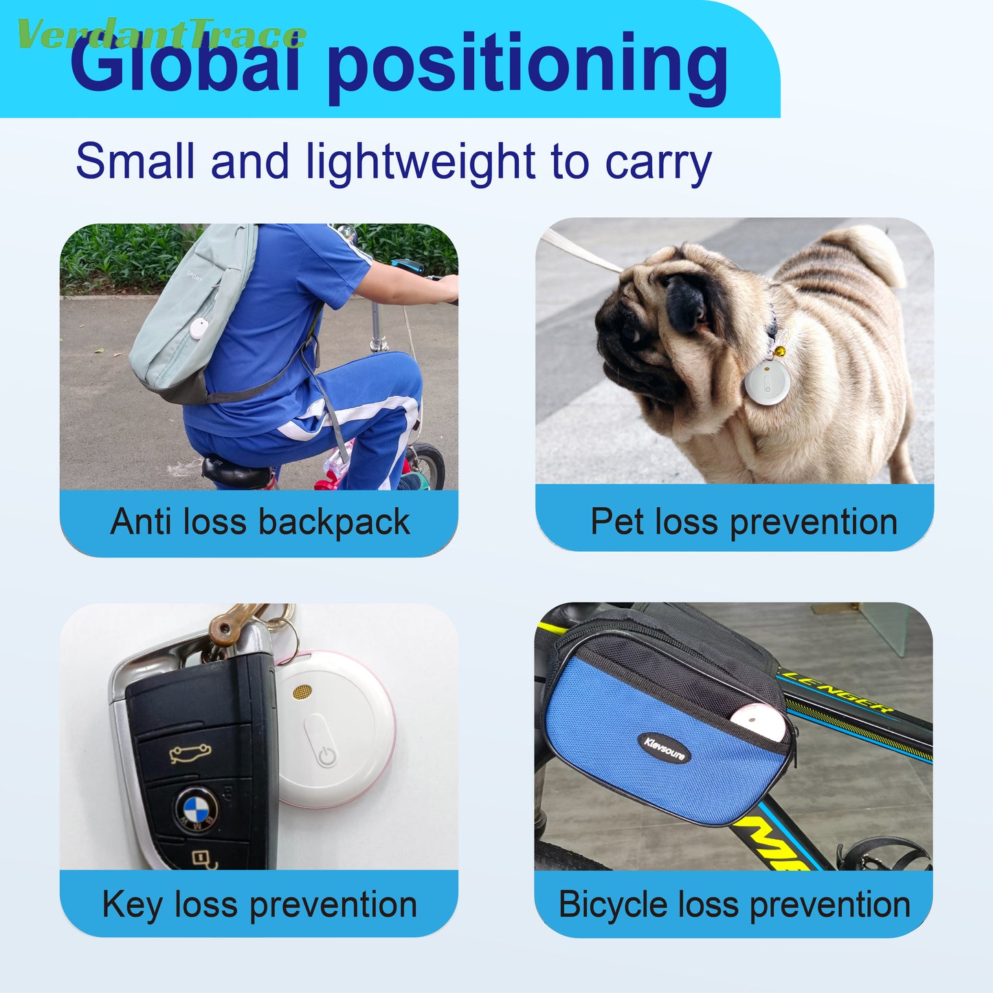 VerdantTrace Find My Tag Mini Bluetooth GPS Tracker Anti Lose Reminder Device Key Finder Pet Dog Kid Bag Wallet Car Locator Smart IOS Android