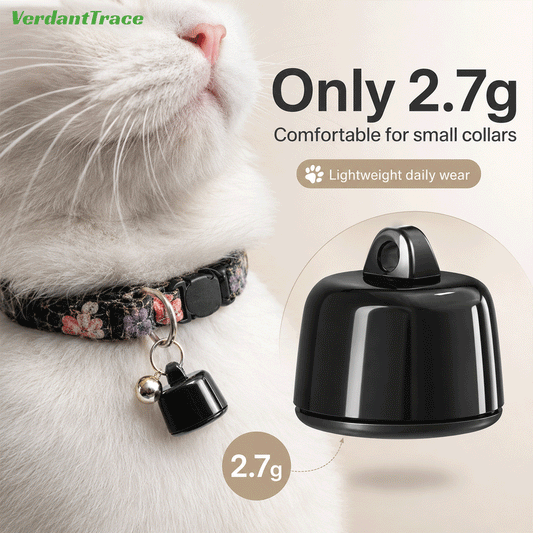 Close-up of the 2.7g VerdantTrace VT23 Bluetooth pet finder attached to a small cat collar