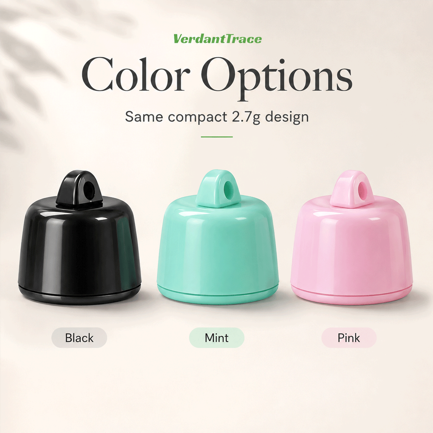 Black mint and pink VerdantTrace VT23 mini Bluetooth pet finder color options