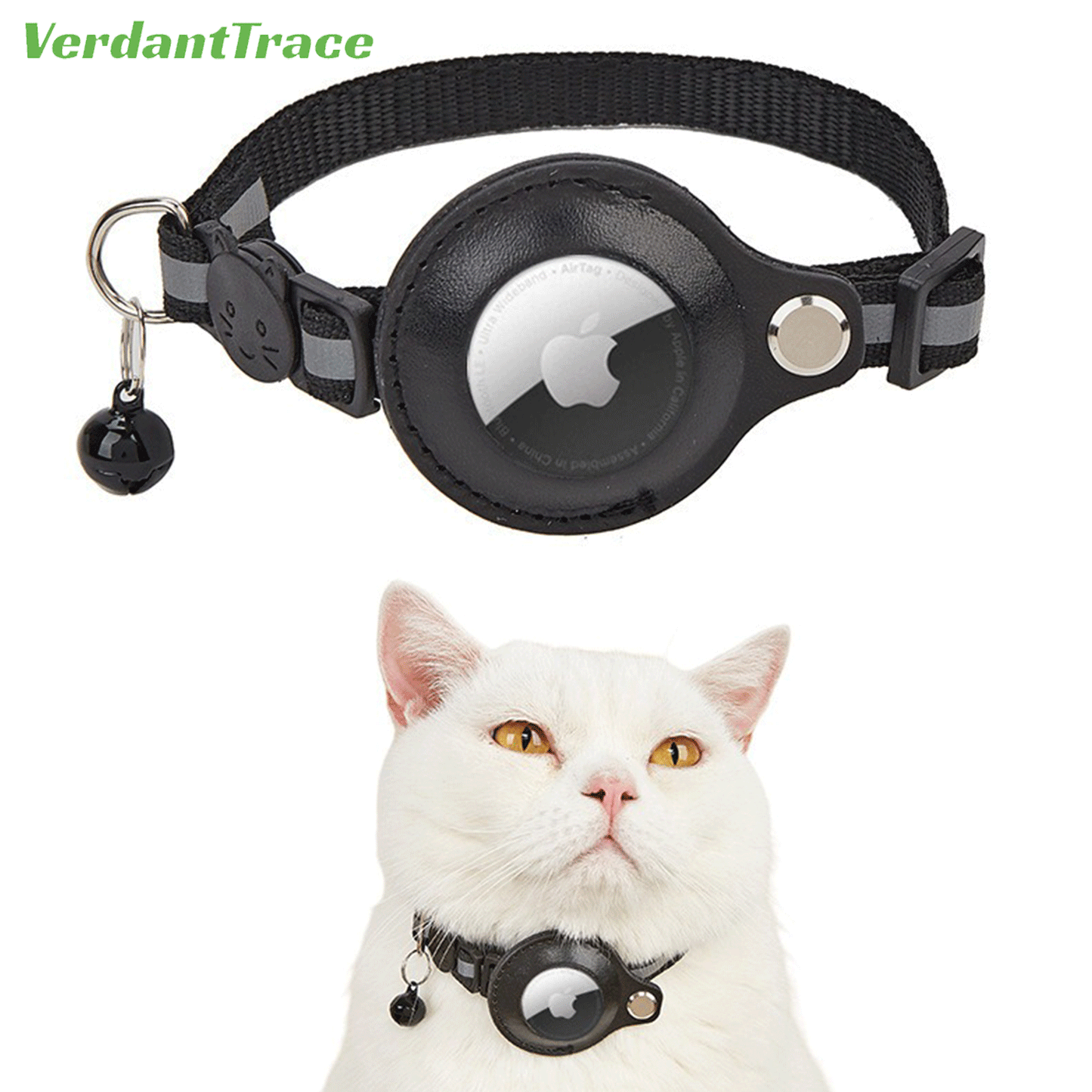 VerdantTrace AirTag Katzenhalsband – Reflektierendes Nylon, PU-Schutzhülle, Verstellbar 22–32 cm (ohne AirTag)