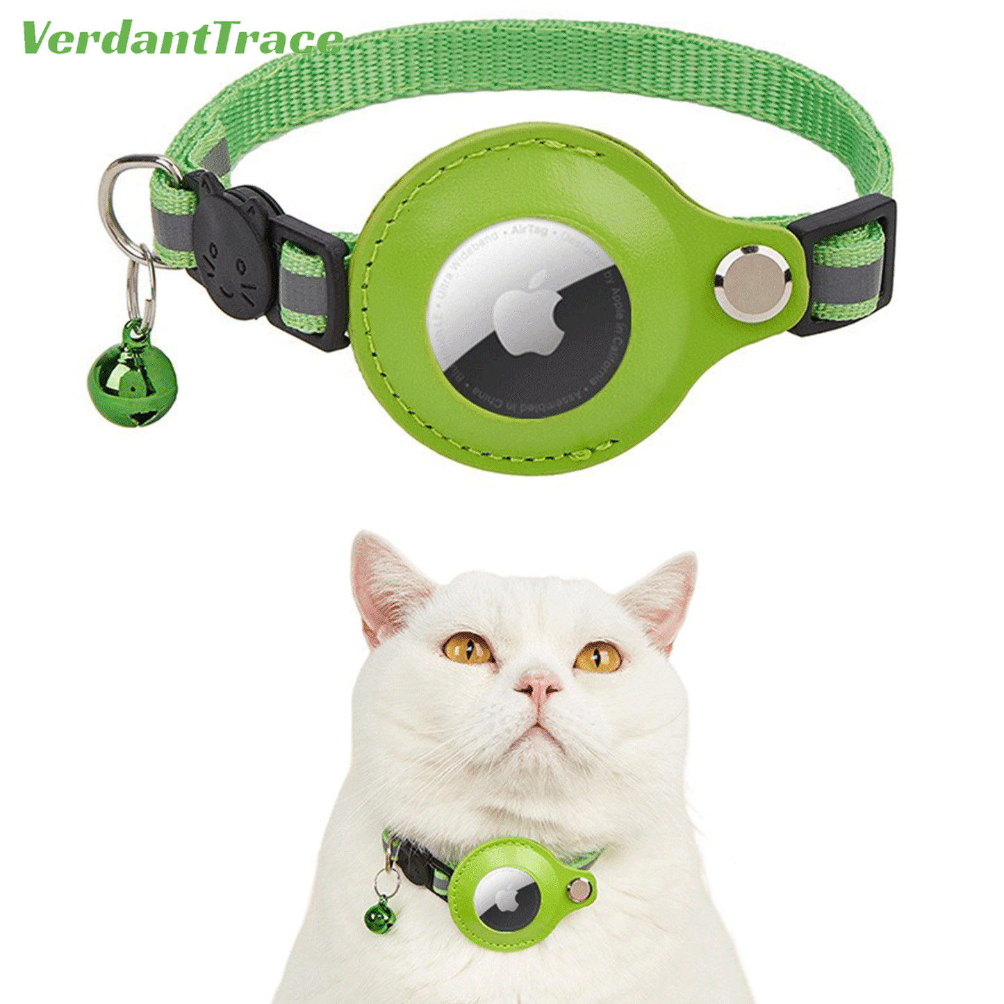 VerdantTrace AirTag Katzenhalsband – Reflektierendes Nylon, PU-Schutzhülle, Verstellbar 22–32 cm (ohne AirTag)