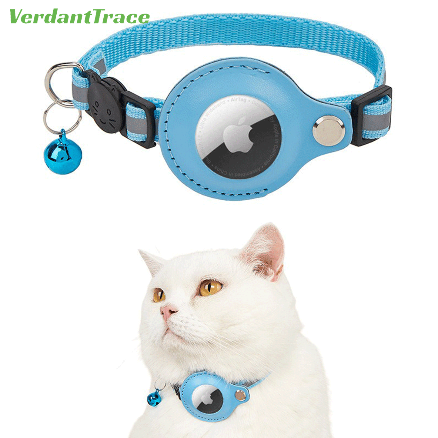 VerdantTrace AirTag Katzenhalsband – Reflektierendes Nylon, PU-Schutzhülle, Verstellbar 22–32 cm (ohne AirTag)