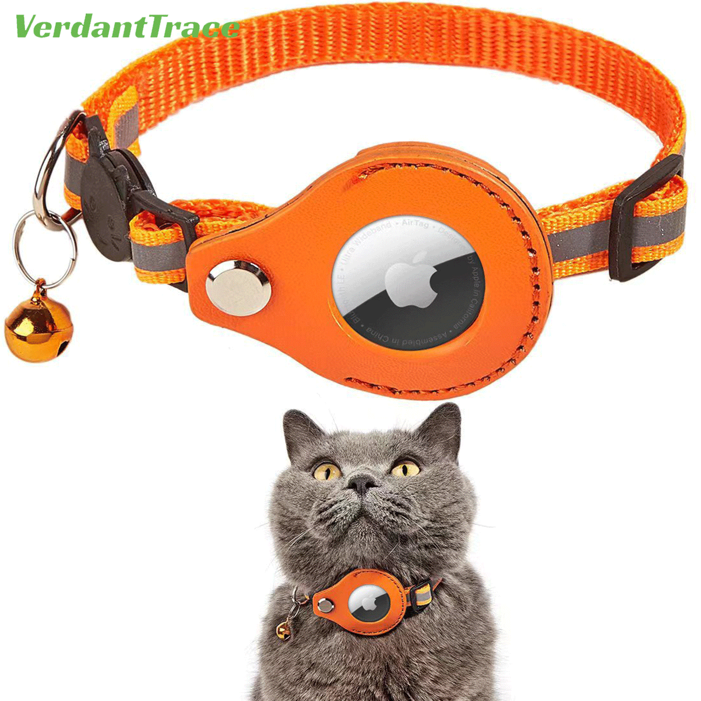 VerdantTrace AirTag Katzenhalsband – Reflektierendes Nylon, PU-Schutzhülle, Verstellbar 22–32 cm (ohne AirTag)