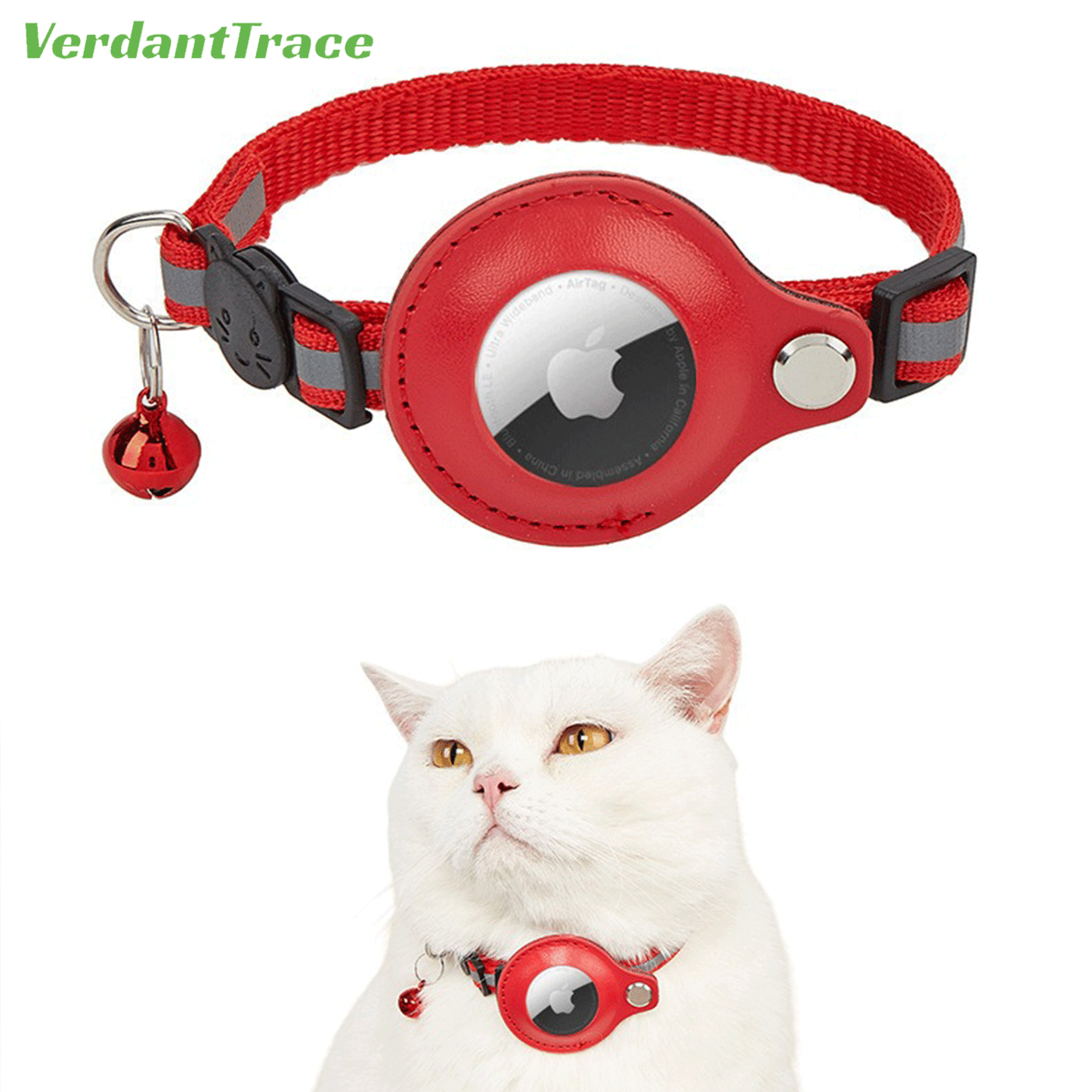 VerdantTrace AirTag Katzenhalsband – Reflektierendes Nylon, PU-Schutzhülle, Verstellbar 22–32 cm (ohne AirTag)