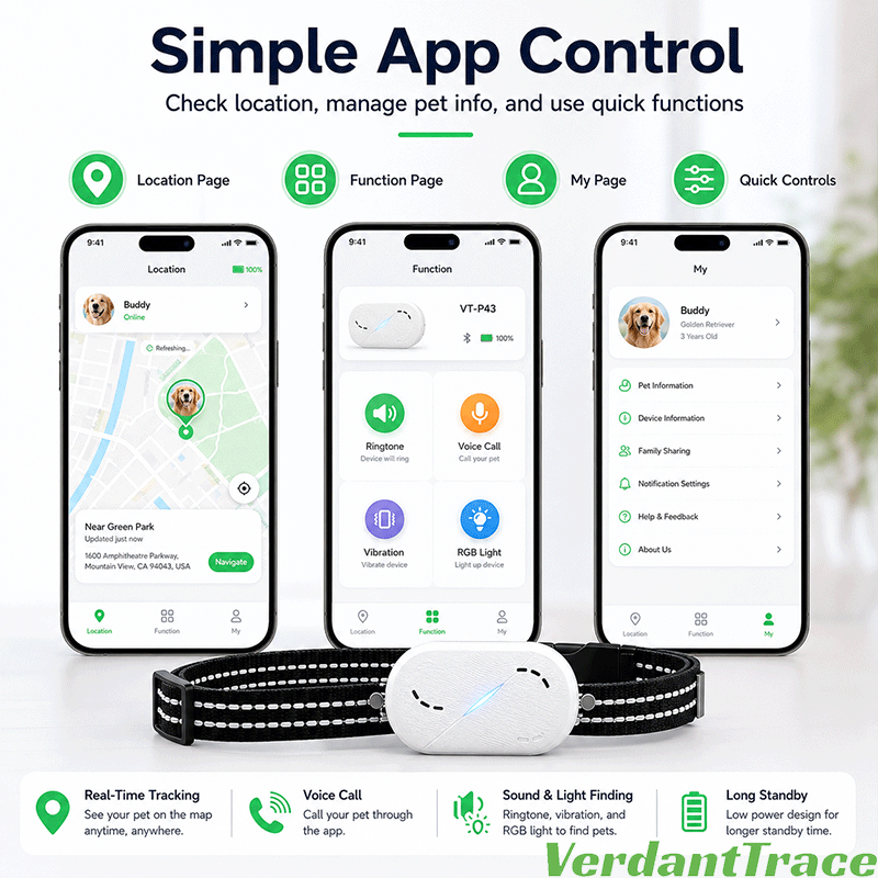 VT-P43 4G Smart Pet GPS Tracker Collar with Voice Call, Sound & Light Finding