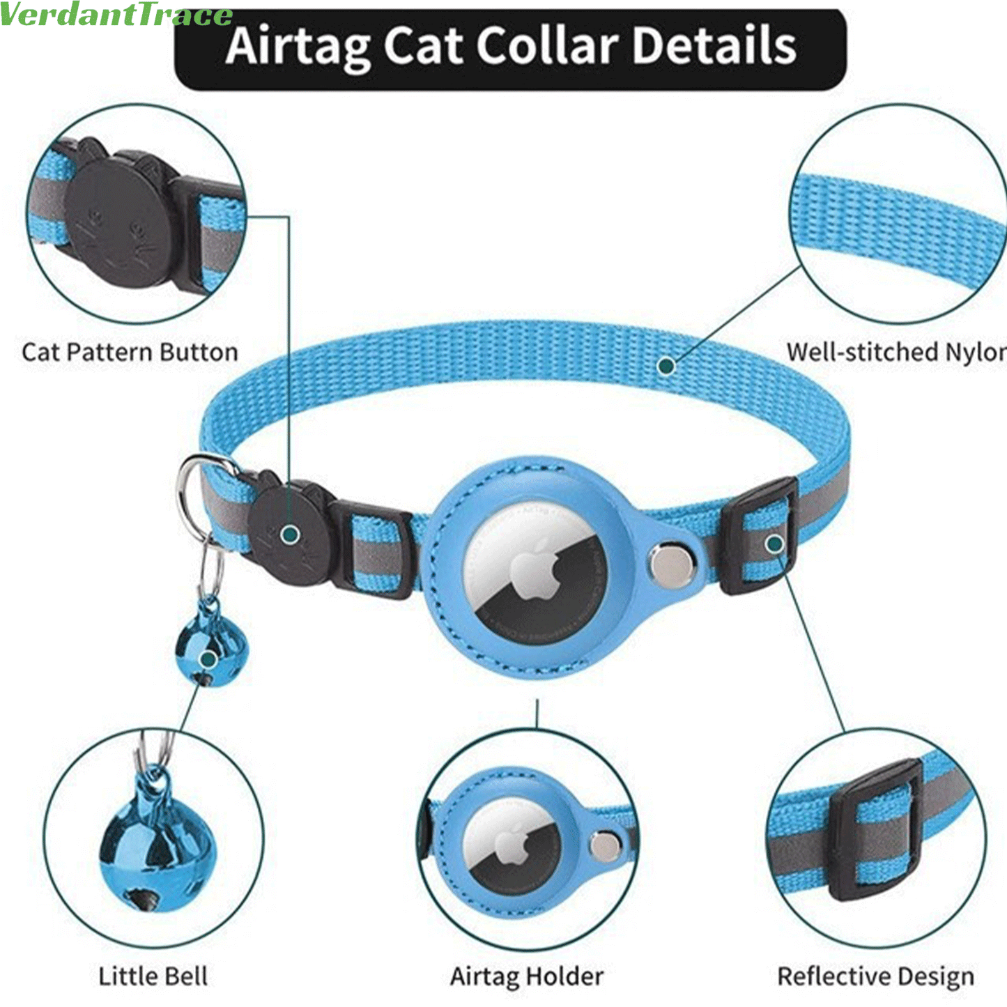 VerdantTrace AirTag Katzenhalsband – Reflektierendes Nylon, PU-Schutzhülle, Verstellbar 22–32 cm (ohne AirTag)