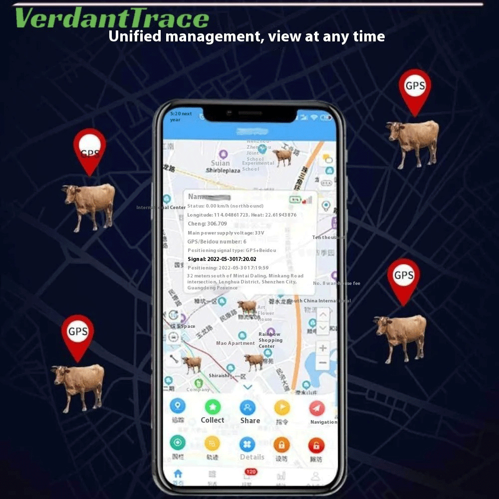 VTH5 cattle GPS tracking app showing multiple livestock locations for centralized herd monitoring