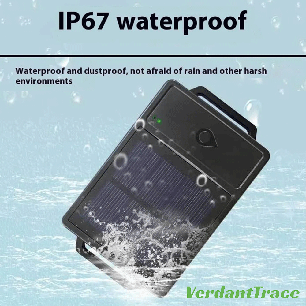 VerdantTrace VTH5 IP67 livestock GPS tracker shown with rain and water splash protection for outdoor use