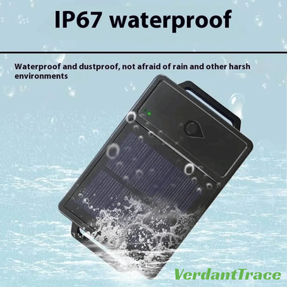 VerdantTrace VTH5 IP67 livestock GPS tracker shown with rain and water splash protection for outdoor use