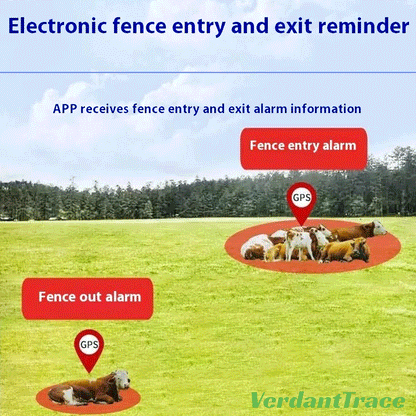 VTH5 livestock GPS geofence illustration showing entry and exit alerts for cattle in a pasture