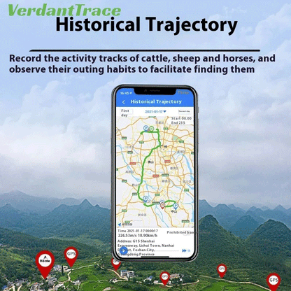VTH5 livestock GPS tracker app showing historical route playback and location history on a mobile map