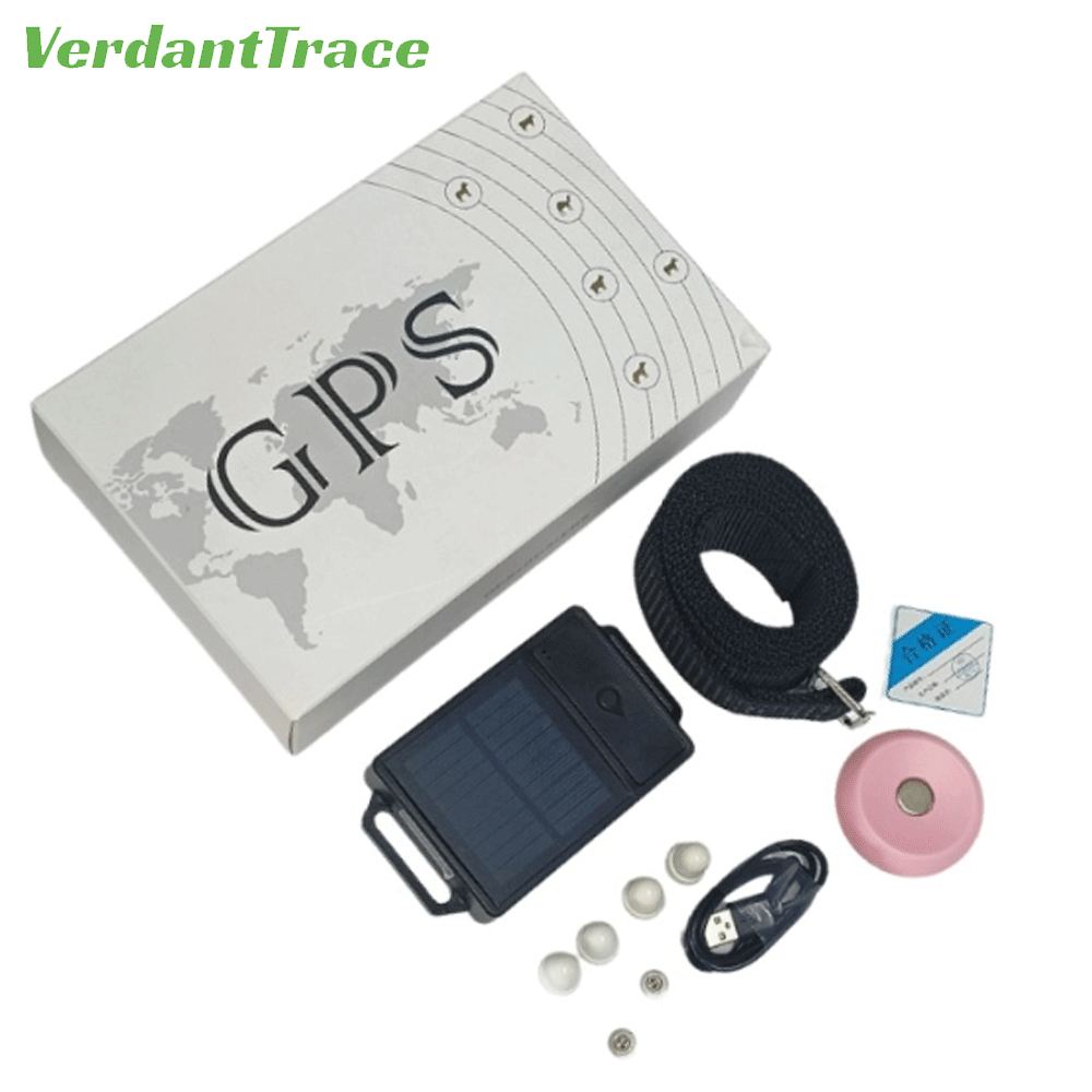 VerdantTrace VTH5 livestock GPS tracker package with collar strap, charging cable and mounting accessories