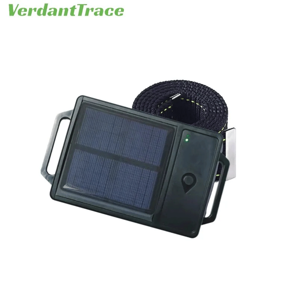 VerdantTrace VTH5 black solar livestock GPS tracker with adjustable collar strap on a white background