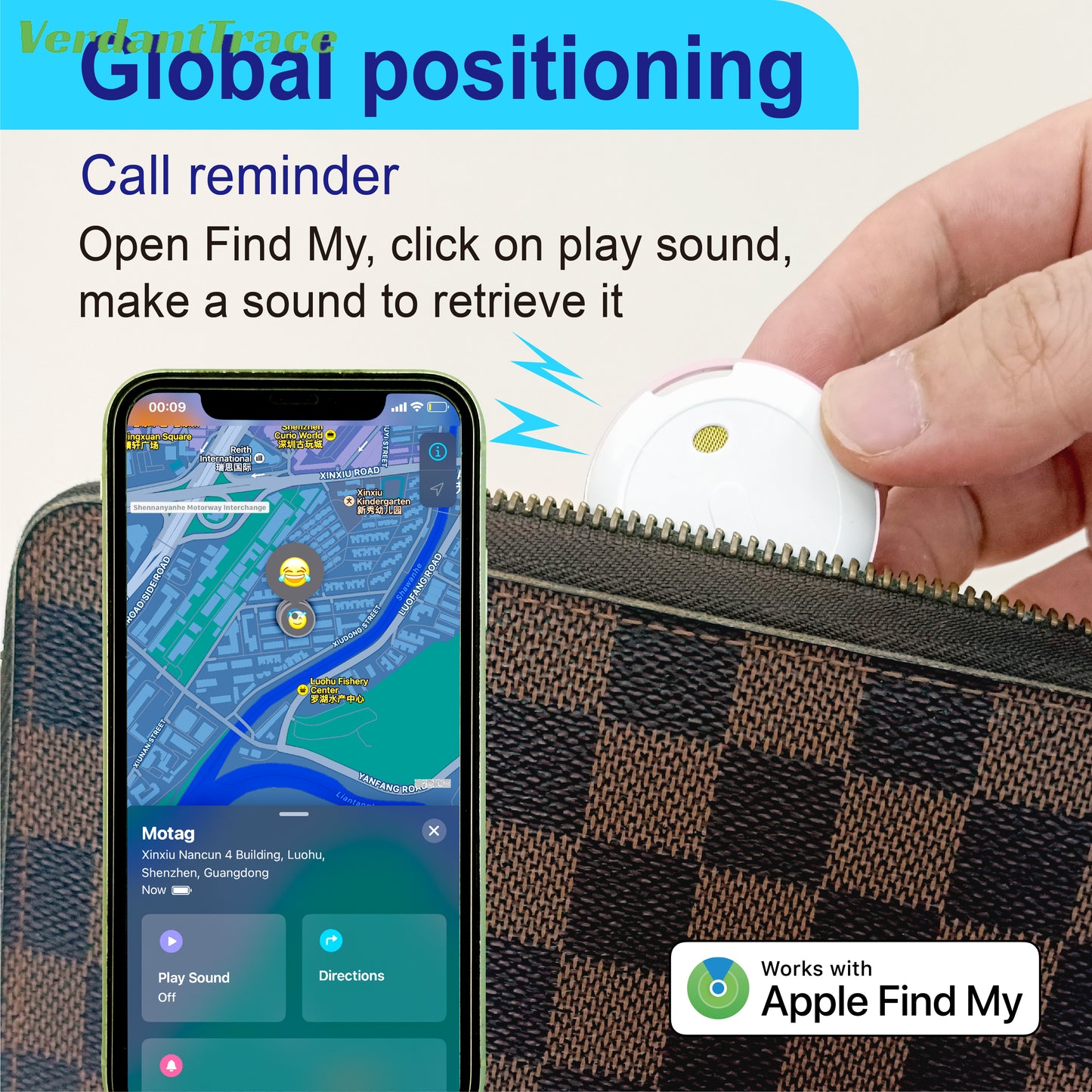 VerdantTrace Find My Tag Mini Bluetooth GPS Tracker Anti Lose Reminder Device Key Finder Pet Dog Kid Bag Wallet Car Locator Smart IOS Android