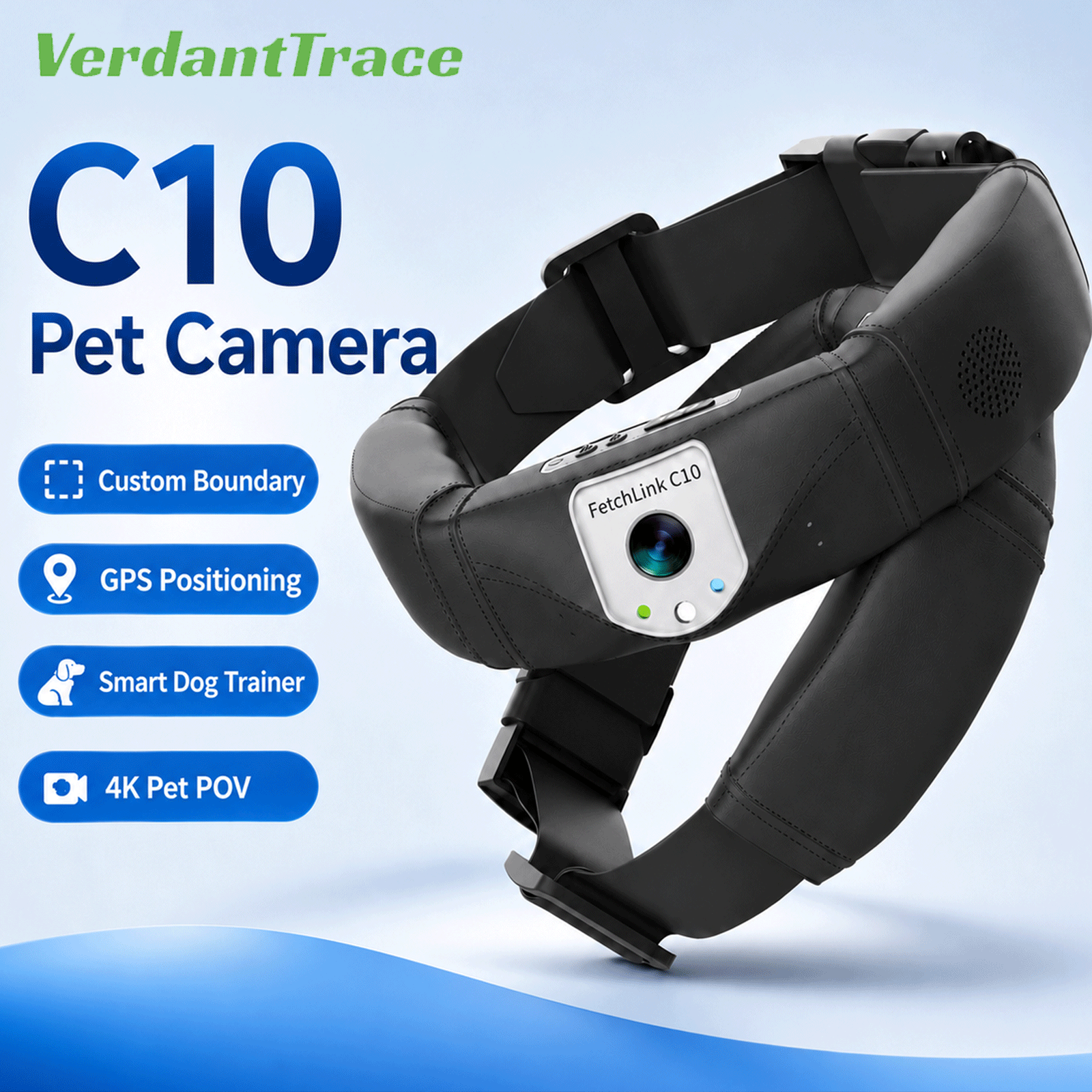 Angled view of the black FetchLink C10 smart pet collar with front camera