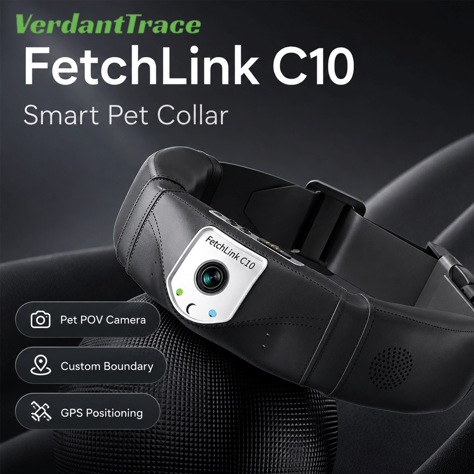 Black FetchLink C10 smart pet collar with a front camera
