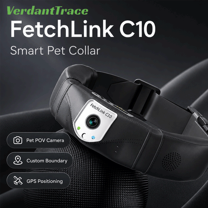 Black FetchLink C10 smart pet collar with a front camera