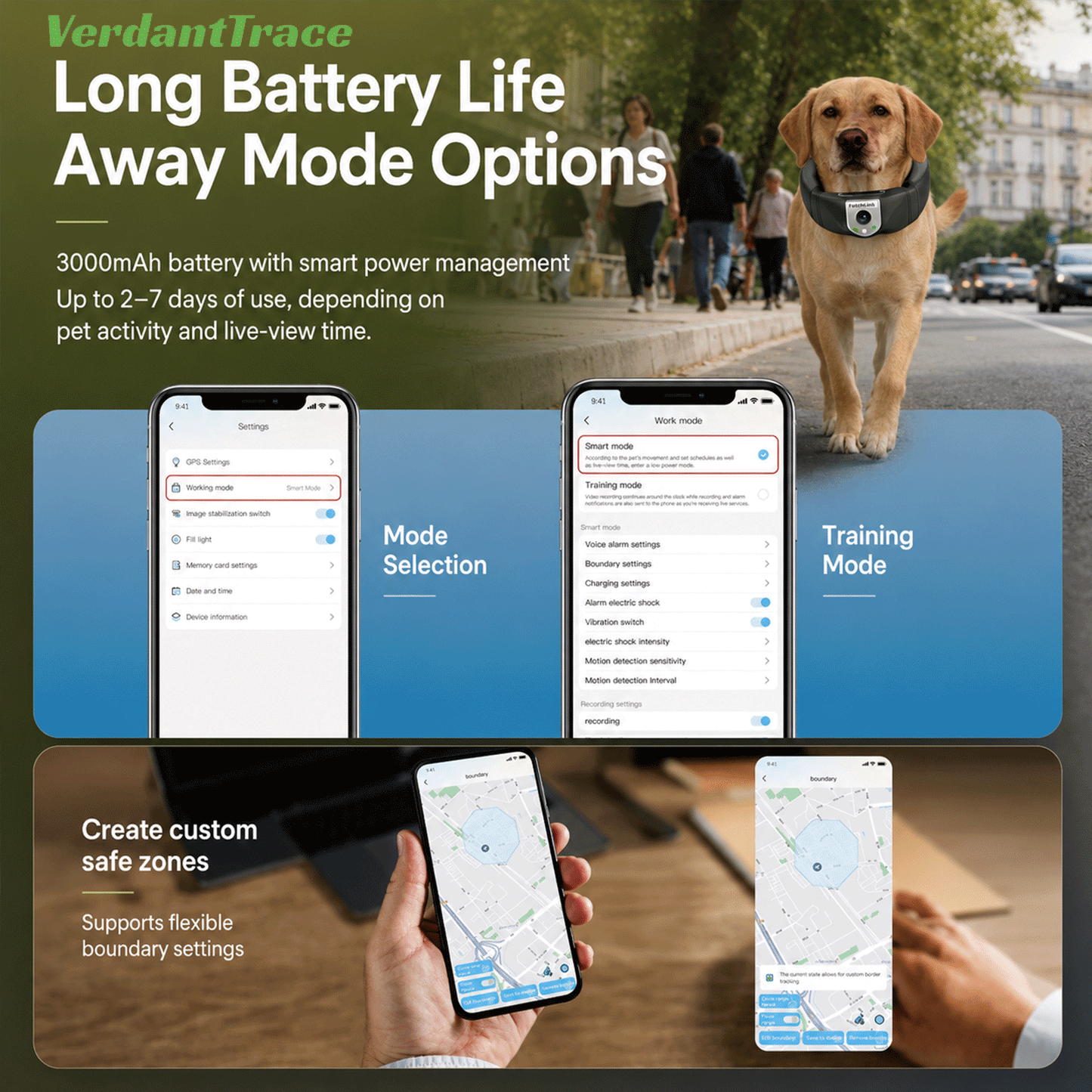 Dog wearing a FetchLink C10 collar beside boundary and training mode app screens