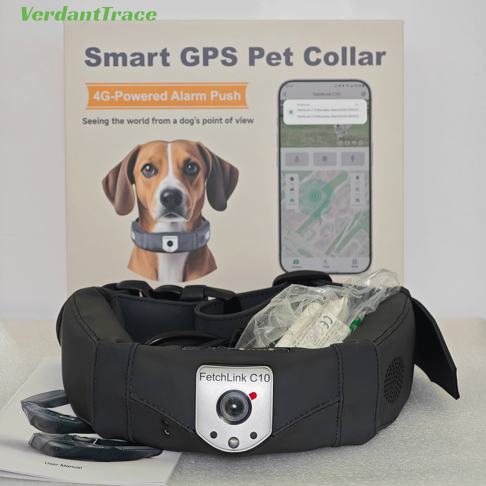 FetchLink C10 smart pet collar with product box, charging cable and accessories