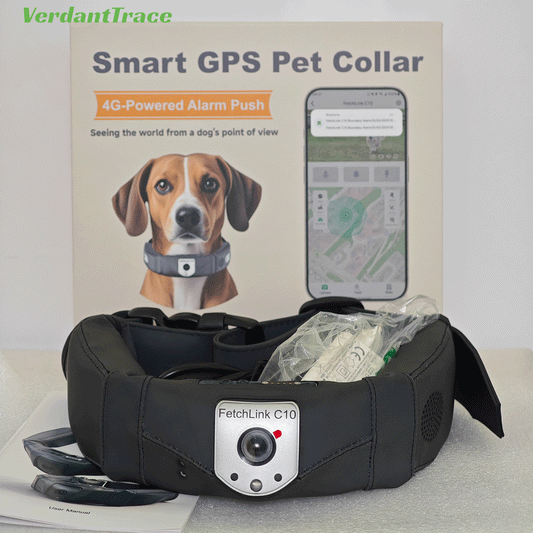 FetchLink C10 smart pet collar with product box, charging cable and accessories