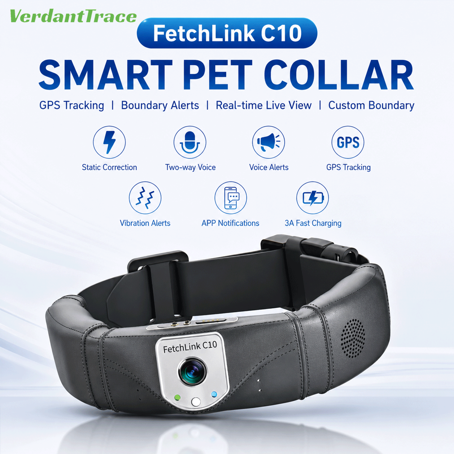 Black FetchLink C10 smart pet collar displayed with mobile app feature icons