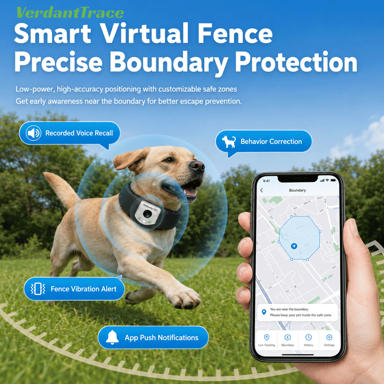 Dog wearing a FetchLink C10 collar beside an illustrated boundary and mobile app screen