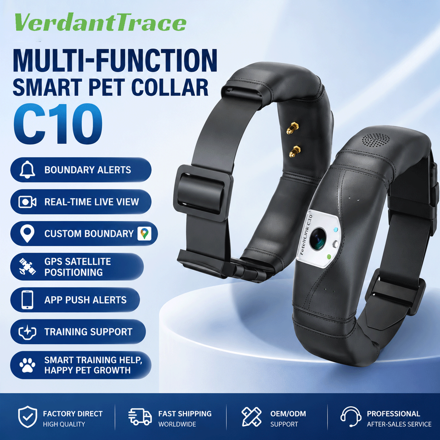 Front and rear views of the black FetchLink C10 smart pet collar