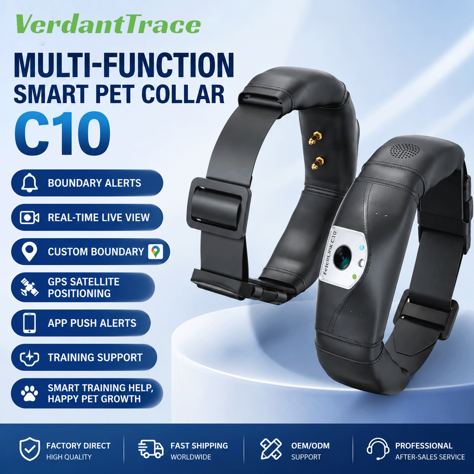 Front and rear views of the black FetchLink C10 smart pet collar