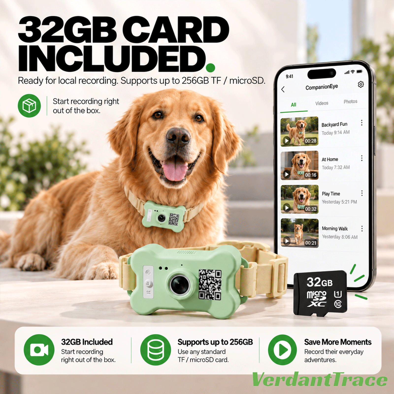 كاميرا طوق FetchLink M1 للكلاب مع بطاقة ذاكرة TF بسعة 32GB مرفقة