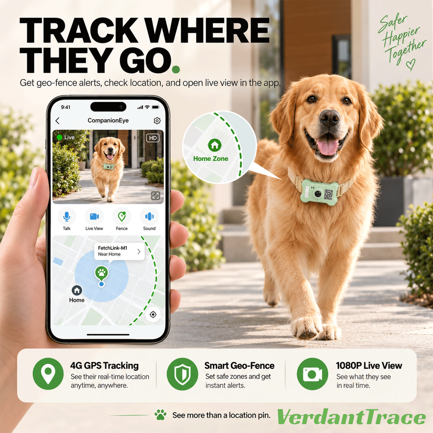 كاميرا طوق FetchLink M1 للكلاب مع GPS 4G وسياج جغرافي في تطبيق CompanionEye