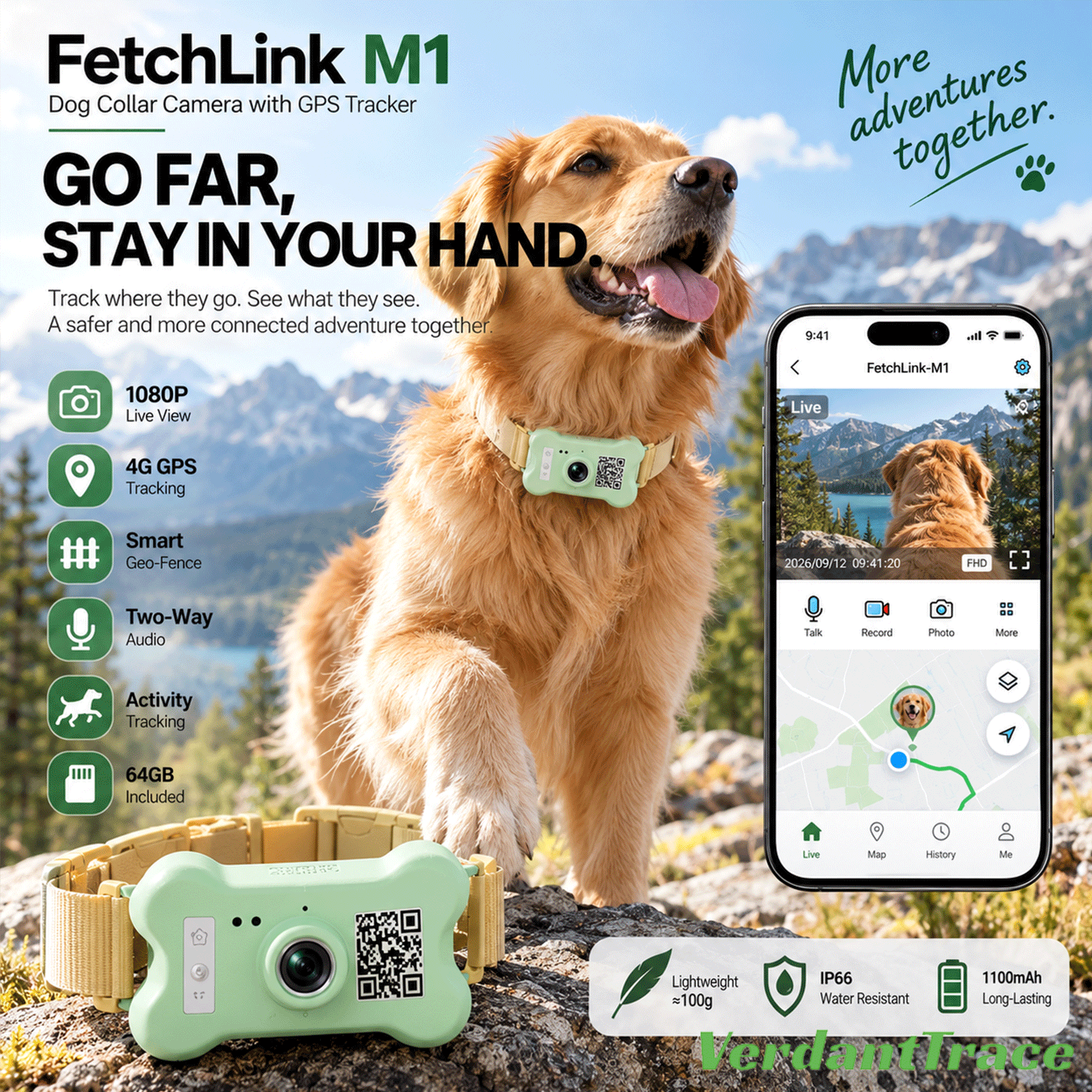 كاميرا طوق FetchLink M1 للكلاب مع تتبع GPS 4G وفيديو 1080P